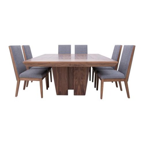 Comedor Siena De Madera Nogal Natural Para 8 Personas Cuadrado Mesa Y Sillas De Tela Color Gris