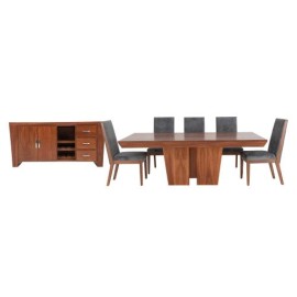 Comedor Siena De Madera Tzalam Natural Para 8 Personas Rectangular Mesa, Bufetero Y Sillas De Tela Color Gris