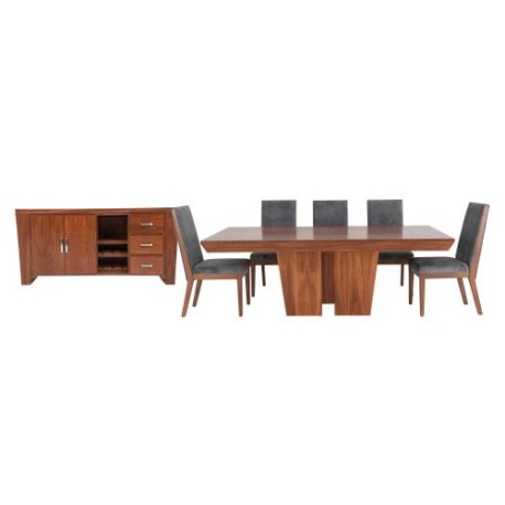 Comedor Siena De Madera Tzalam Natural Para 8 Personas Rectangular Mesa, Bufetero Y Sillas De Tela Color Gris